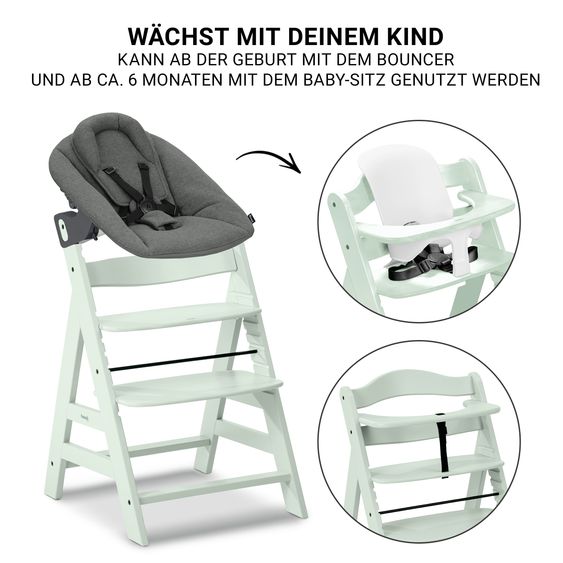 Hauck Alpha Plus 5-pcs. Newborn Set - Highchair + 2in1 Newborn Attachment & Rocker Premium + Baby Seat + Feeding Tray - Mint