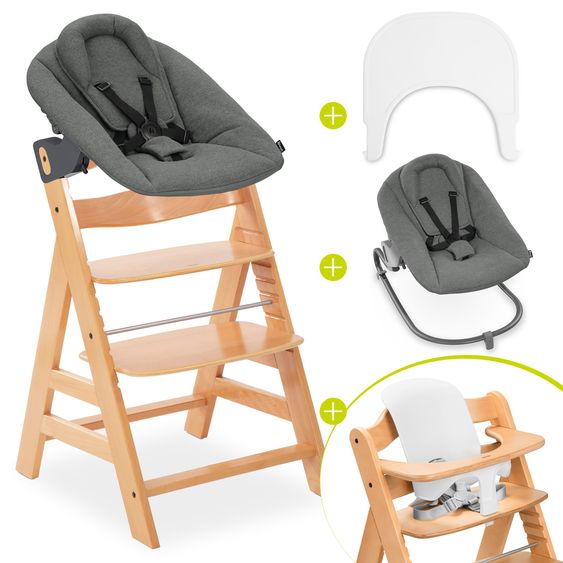 Hauck Alpha Plus Set Newborn 5 pz. - Seggiolone + 2in1 Riduttore Neonato & Dondolo Premium + Baby Seat + Tavolino pappa - Natur