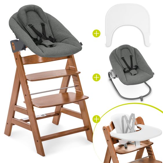 Hauck Alpha Plus Set Nouveau-Né 5 Pièces - Chaise Haute + Adaptateur Nouveau-Né 2in1 & Transat Premium + Siège Bébé + Plateau Repas - Noix
