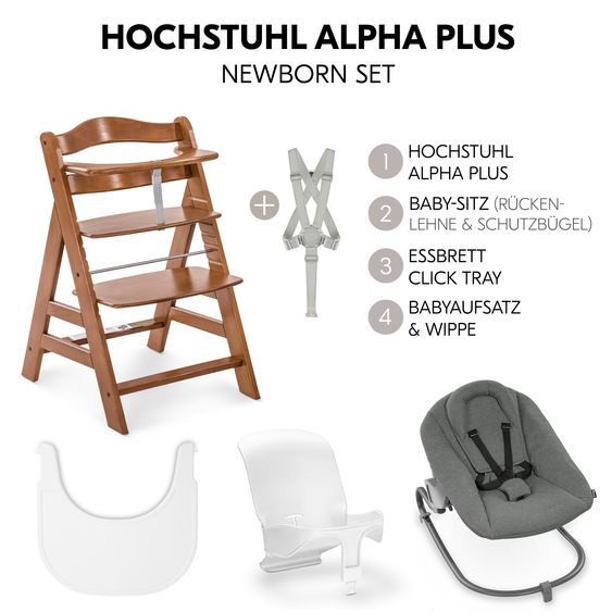 Hauck Alpha Plus Set Nouveau-Né 5 Pièces - Chaise Haute + Adaptateur Nouveau-Né 2in1 & Transat Premium + Siège Bébé + Plateau Repas - Noix