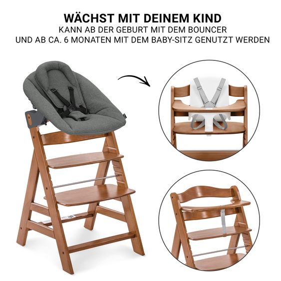Hauck Alpha Plus Set Nouveau-Né 5 Pièces - Chaise Haute + Adaptateur Nouveau-Né 2in1 & Transat Premium + Siège Bébé + Plateau Repas - Noix