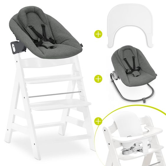 Hauck Alpha Plus Set Nouveau-Né 5 Pièces - Chaise Haute + Adaptateur Nouveau-Né 2in1 & Transat Premium + Siège Bébé + Plateau Repas - Blanc