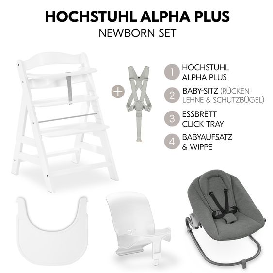 Hauck Alpha Plus Set Nouveau-Né 5 Pièces - Chaise Haute + Adaptateur Nouveau-Né 2in1 & Transat Premium + Siège Bébé + Plateau Repas - Blanc