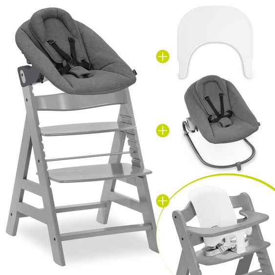 Hauck Alpha Plus 5-tlg. Newborn Set - Hochstuhl + 2in1 Neugeborenenaufsatz & Wippe Premium + Baby Seat + Essbrett - Grey