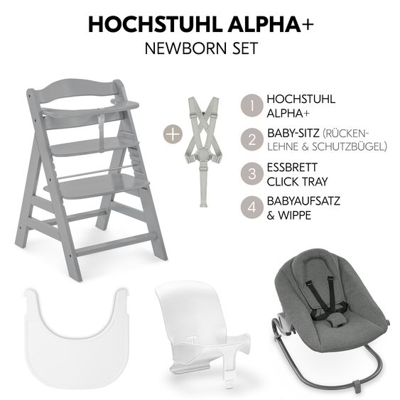 Hauck Alpha Plus 5-tlg. Newborn Set - Hochstuhl + 2in1 Neugeborenenaufsatz & Wippe Premium + Baby Seat + Essbrett - Grey