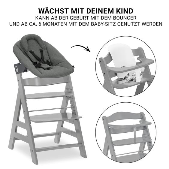 Hauck Alpha Plus 5-tlg. Newborn Set - Hochstuhl + 2in1 Neugeborenenaufsatz & Wippe Premium + Baby Seat + Essbrett - Grey