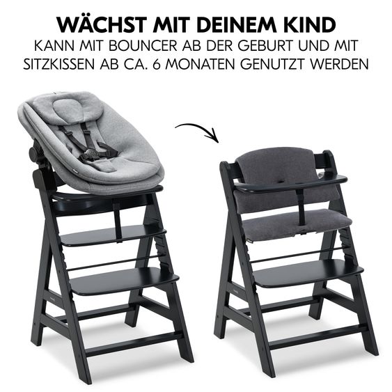 Hauck Alpha Plus 5-pcs. Newborn Set - Highchair + 2in1 Newborn Insert & Rocker + Deluxe Seat Cushion + Play Arch - Black