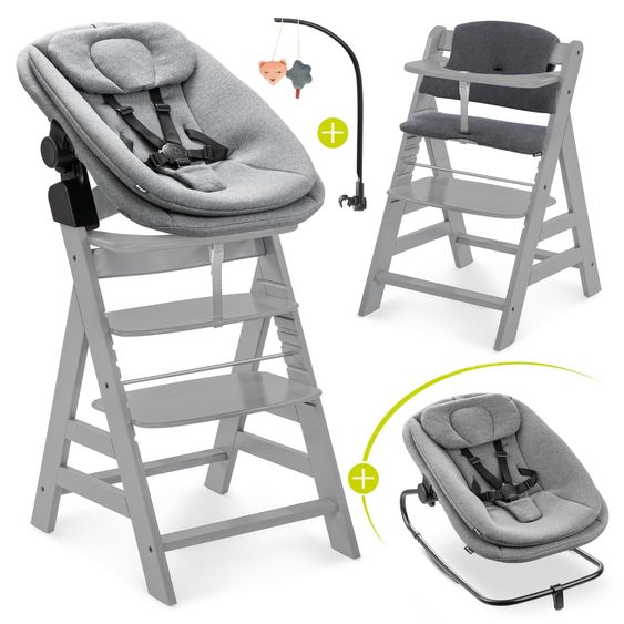 Hauck Alpha Plus 5-pcs. Newborn Set - Highchair + 2in1 Newborn Insert & Rocker + Deluxe Seat Cushion + Play Arch - Grey