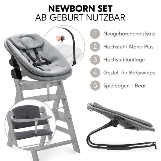 Hauck Alpha Plus 5-pcs. Newborn Set - Highchair + 2in1 Newborn Insert & Rocker + Deluxe Seat Cushion + Play Arch - Grey