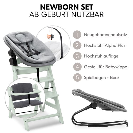Hauck Alpha Plus 5-tlg. Newborn Set - Hochstuhl + 2in1 Neugeborenenaufsatz & Wippe + Sitzkissen Deluxe + Spielbogen - Dark Grey Melange - Mint