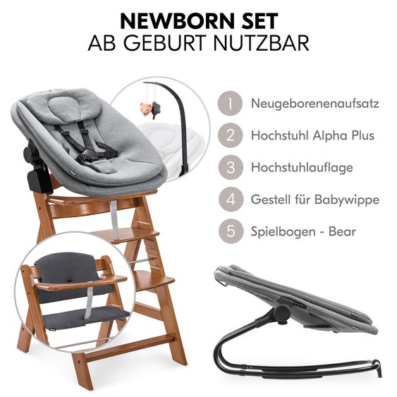 Hauck Alpha Plus 5-pcs. Newborn Set - Highchair + 2in1 Newborn Insert & Rocker + Deluxe Seat Cushion + Play Arch - Walnut