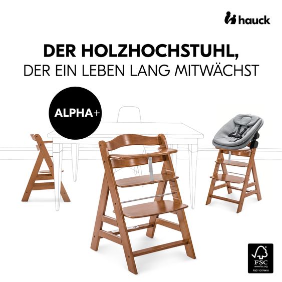 Hauck Alpha Plus 5-pcs. Newborn Set - Highchair + 2in1 Newborn Insert & Rocker + Deluxe Seat Cushion + Play Arch - Walnut