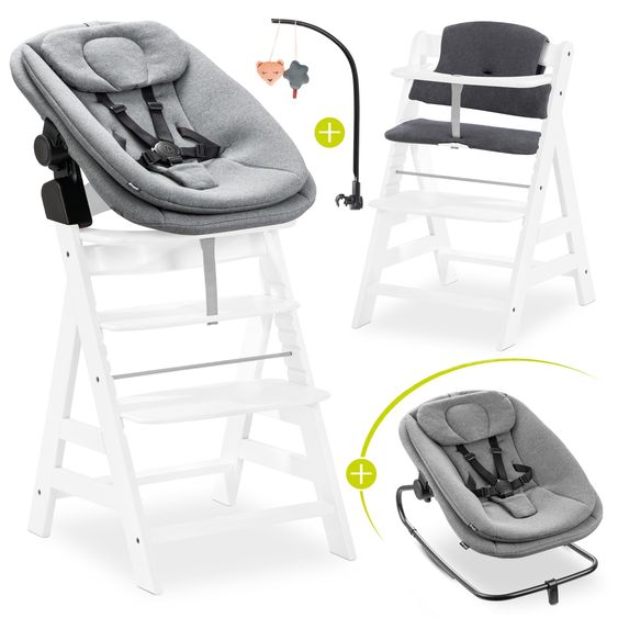 Hauck Alpha Plus 5-pcs. Newborn Set - Highchair + 2in1 Newborn Insert & Rocker + Deluxe Seat Cushion + Play Arch - White