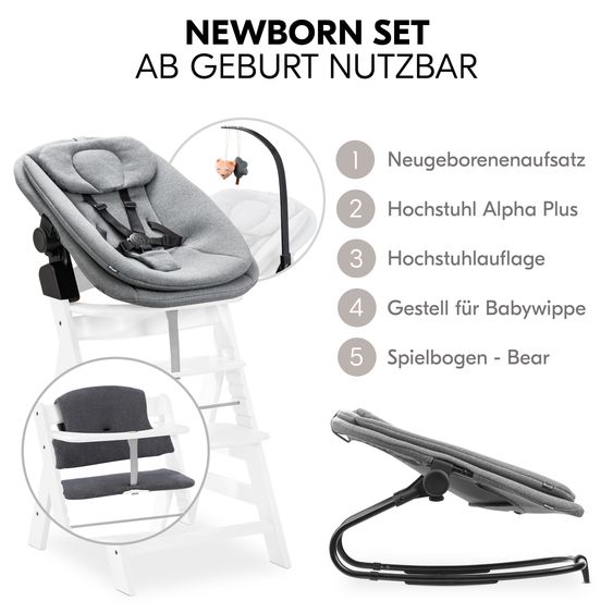 Hauck Alpha Plus 5-pcs. Newborn Set - Highchair + 2in1 Newborn Insert & Rocker + Deluxe Seat Cushion + Play Arch - White