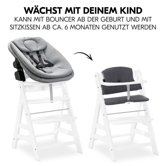 Hauck Alpha Plus 5-pcs. Newborn Set - Highchair + 2in1 Newborn Insert & Rocker + Deluxe Seat Cushion + Play Arch - White