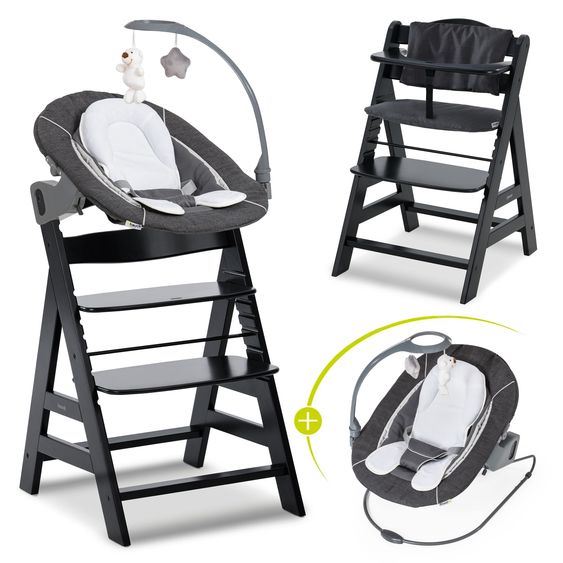 Hauck Alpha Plus Black 4-tlg. Newborn Set Deluxe - Hochstuhl + 2in1 Babyaufsatz & Wippe + Sitzkissen - Melange Grey