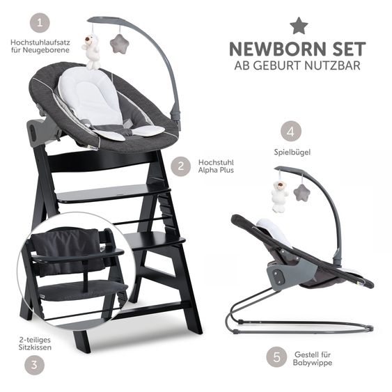 Hauck Alpha Plus Black 4-tlg. Newborn Set Deluxe - Hochstuhl + 2in1 Babyaufsatz & Wippe + Sitzkissen - Melange Grey