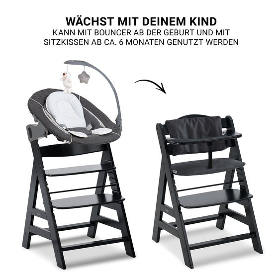 Hauck Alpha Plus Black 4-tlg. Newborn Set Deluxe - Hochstuhl + 2in1 Babyaufsatz & Wippe + Sitzkissen - Melange Grey