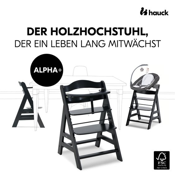 Hauck Alpha Plus Black 4-tlg. Newborn Set Deluxe - Hochstuhl + 2in1 Babyaufsatz & Wippe + Sitzkissen - Melange Grey