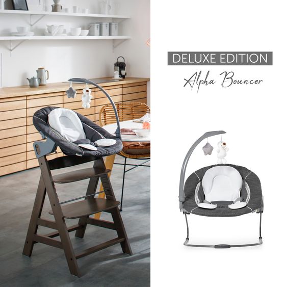 Hauck Alpha Plus Black 4-tlg. Newborn Set Deluxe - Hochstuhl + 2in1 Babyaufsatz & Wippe + Sitzkissen - Melange Grey