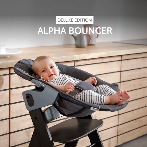 Hauck Alpha Plus Black 4-tlg. Newborn Set Deluxe - Hochstuhl + 2in1 Babyaufsatz & Wippe + Sitzkissen - Melange Grey