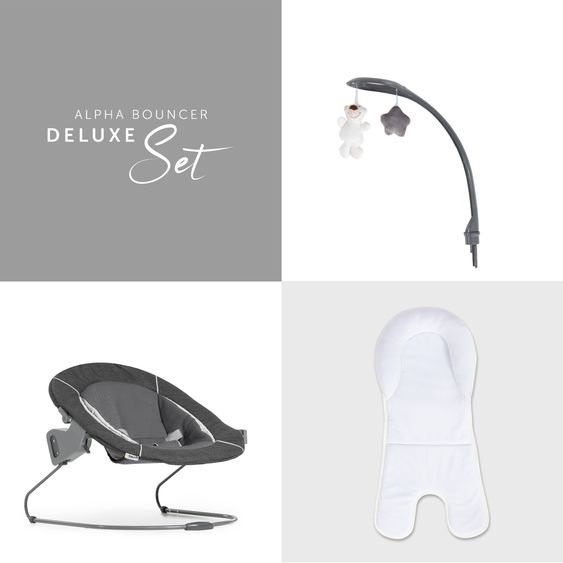 Hauck Alpha Plus Black 4-tlg. Newborn Set Deluxe - Hochstuhl + 2in1 Babyaufsatz & Wippe + Sitzkissen - Melange Grey