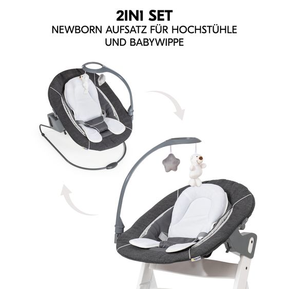 Hauck Alpha Plus Black 4-tlg. Newborn Set Deluxe - Hochstuhl + 2in1 Babyaufsatz & Wippe + Sitzkissen - Melange Grey