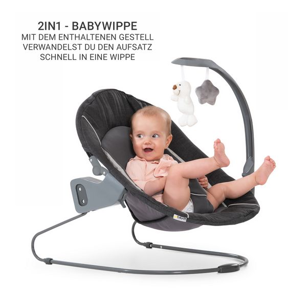 Hauck Alpha Plus Black 4-tlg. Newborn Set Deluxe - Hochstuhl + 2in1 Babyaufsatz & Wippe + Sitzkissen - Melange Grey