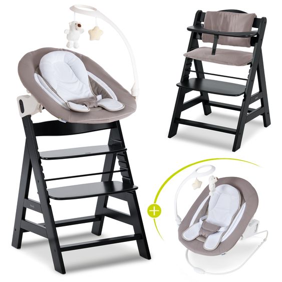 Hauck Alpha Plus Black 4-tlg. Newborn Set Deluxe - Hochstuhl + 2in1 Babyaufsatz & Wippe + Sitzkissen - Sand