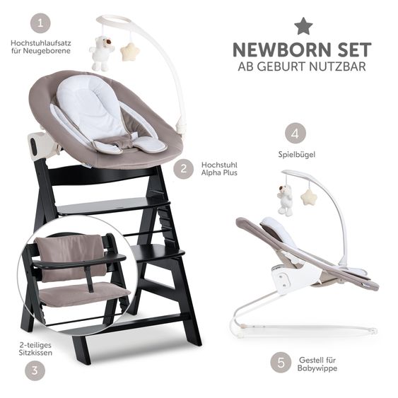 Hauck Alpha Plus Black 4-tlg. Newborn Set Deluxe - Hochstuhl + 2in1 Babyaufsatz & Wippe + Sitzkissen - Sand