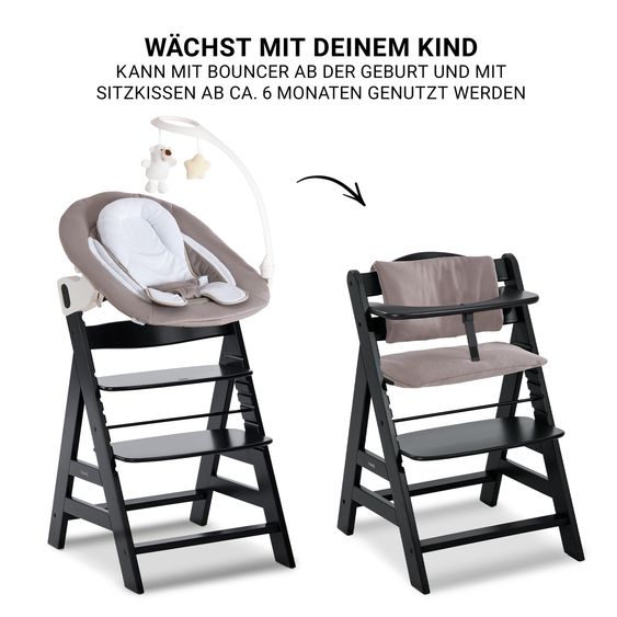 Hauck Alpha Plus Black 4-tlg. Newborn Set Deluxe - Hochstuhl + 2in1 Babyaufsatz & Wippe + Sitzkissen - Sand