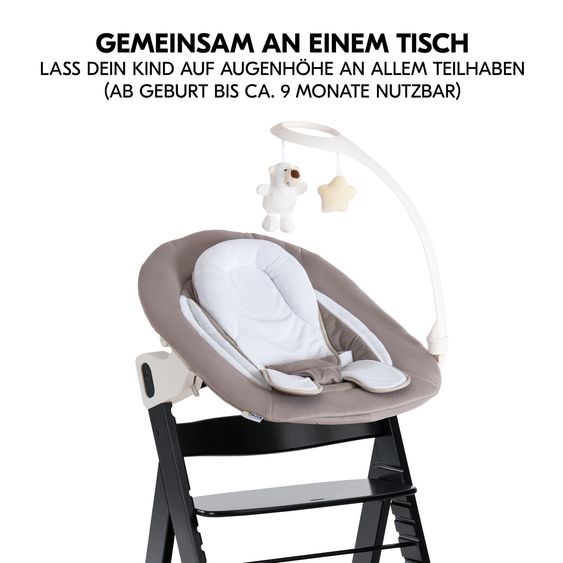 Hauck Alpha Plus Black 4-tlg. Newborn Set Deluxe - Hochstuhl + 2in1 Babyaufsatz & Wippe + Sitzkissen - Sand