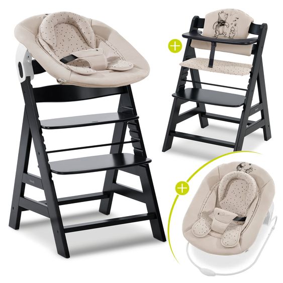 Hauck Alpha Plus Black 4-tlg. Newborn Set Disney - Hochstuhl + 2in1 Babyaufsatz & Wippe + Sitzkissen - Winnie Pooh