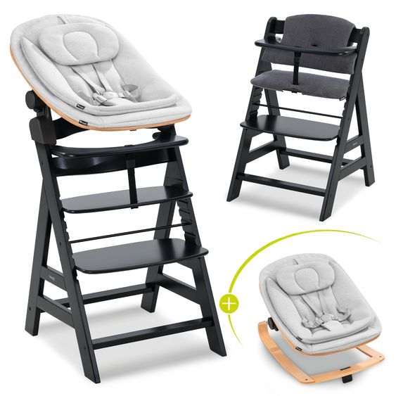 Hauck Alpha Plus Black 4-tlg. Newborn Set Eco - Hochstuhl + 2in1 Babyaufsatz & Wippe + Sitzkissen - Light Grey / Charcoal