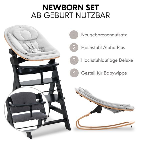 Hauck Alpha Plus Black 4-tlg. Newborn Set Eco - Hochstuhl + 2in1 Babyaufsatz & Wippe + Sitzkissen - Light Grey / Charcoal