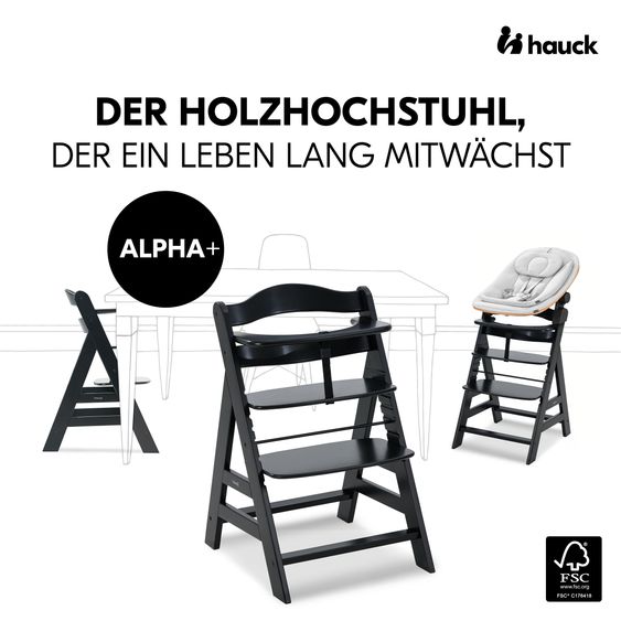 Hauck Alpha Plus Black 4-tlg. Newborn Set Eco - Hochstuhl + 2in1 Babyaufsatz & Wippe + Sitzkissen - Light Grey / Charcoal