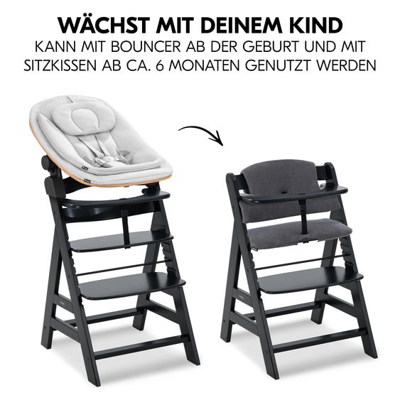 Hauck Alpha Plus Black 4-tlg. Newborn Set Eco - Hochstuhl + 2in1 Babyaufsatz & Wippe + Sitzkissen - Light Grey / Charcoal