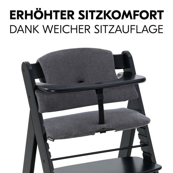 Hauck Alpha Plus Black 4-tlg. Newborn Set Eco - Hochstuhl + 2in1 Babyaufsatz & Wippe + Sitzkissen - Light Grey / Charcoal