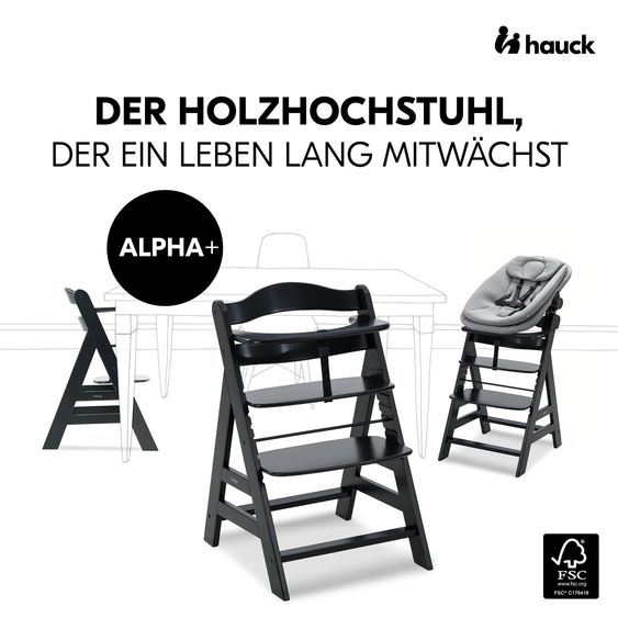 Hauck Alpha Plus Black 4-piece newborn set - high chair + 2in1 baby attachment & bouncer + seat cushion - Dark Grey Melange