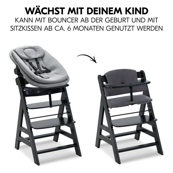 Hauck Alpha Plus Black 4-piece newborn set - high chair + 2in1 baby attachment & bouncer + seat cushion - Dark Grey Melange