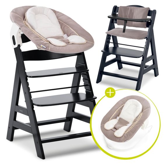 Hauck Alpha Plus Black Set Nouveau-Né 4 Pièces - Chaise Haute + 2in1 Adaptateur Bébé & Bascule + Coussin De Siège - Stretch Beige