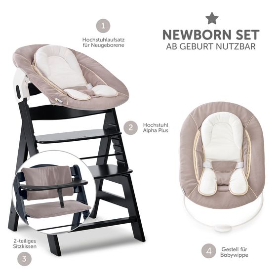 Hauck Alpha Plus Black 4-tlg. Newborn Set - Hochstuhl + 2in1 Babyaufsatz & Wippe + Sitzkissen - Stretch Beige