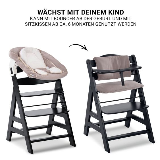 Hauck Alpha Plus Black 4-tlg. Newborn Set - Hochstuhl + 2in1 Babyaufsatz & Wippe + Sitzkissen - Stretch Beige