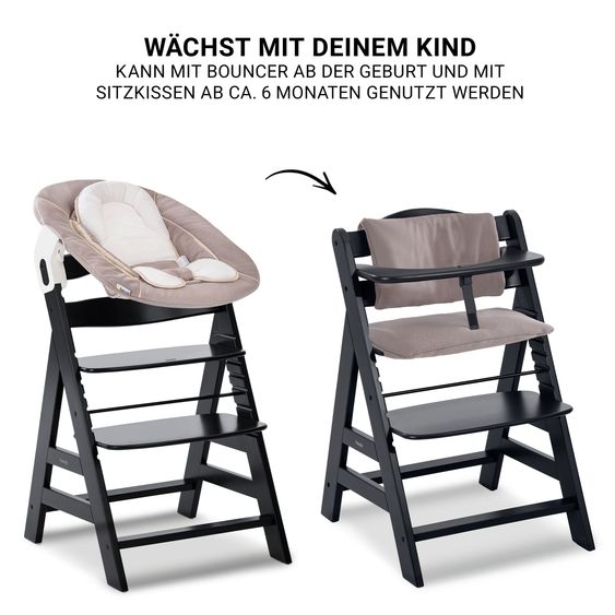 Hauck Alpha Plus Black Set Nouveau-Né 4 Pièces - Chaise Haute + 2in1 Adaptateur Bébé & Bascule + Coussin De Siège - Stretch Beige