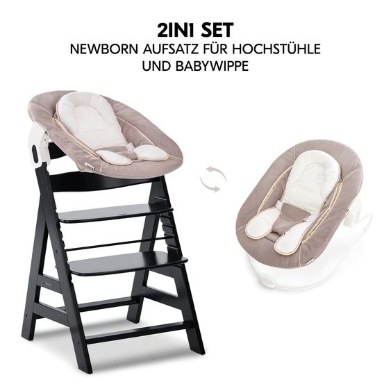 Hauck Alpha Plus Black 4-tlg. Newborn Set - Hochstuhl + 2in1 Babyaufsatz & Wippe + Sitzkissen - Stretch Beige