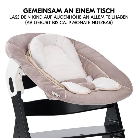 Hauck Alpha Plus Black 4-tlg. Newborn Set - Hochstuhl + 2in1 Babyaufsatz & Wippe + Sitzkissen - Stretch Beige