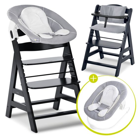 Hauck Alpha Plus Black Set Nouveau-Né 4 Pièces - Chaise Haute + 2in1 Adaptateur Bébé & Bascule + Coussin De Siège - Stretch Gris