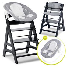 Alpha Plus Black 4-piece Newborn Set - Highchair + 2in1 Baby Attachment & Rocker + Seat Cushion - Stretch Grey