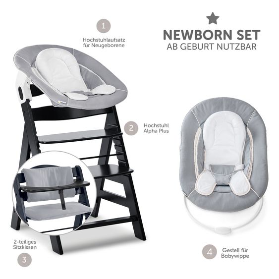 Hauck Alpha Plus Black 4-tlg. Newborn Set - Hochstuhl + 2in1 Babyaufsatz & Wippe + Sitzkissen - Stretch Grey