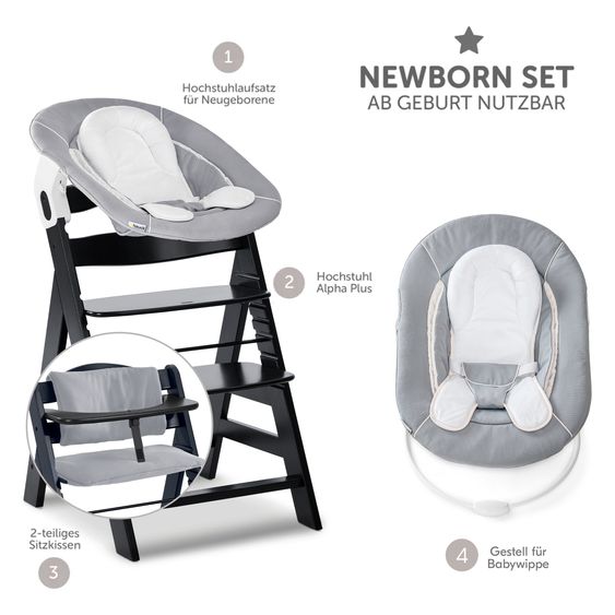 Hauck Alpha Plus Black Set Nouveau-Né 4 Pièces - Chaise Haute + 2in1 Adaptateur Bébé & Bascule + Coussin De Siège - Stretch Gris